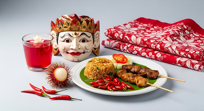 Indonesian sate ayam and nasi goreng served with a traditional mask, rambutan and chili peppers, food and culture concept
