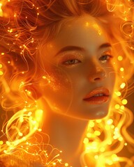 Fototapeta premium Woman surrounded by glowing light strands futuristic portrait. AI-generated.