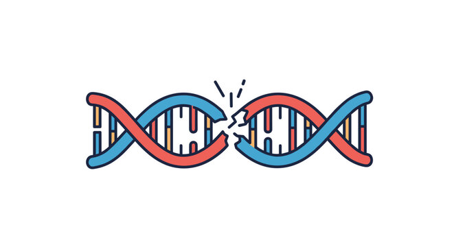 Illustration of a damaged and broken DNA double helix structure representing genetic mutation or biological disease.