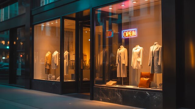 Modern fashion retail storefront with open sign glass and stylish clothing display shopping concept