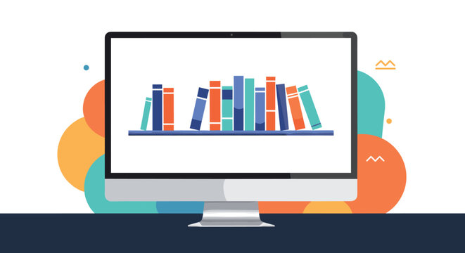 Digital library concept showing a wide selection of colorful books neatly arranged on a shelf within a computer screen.