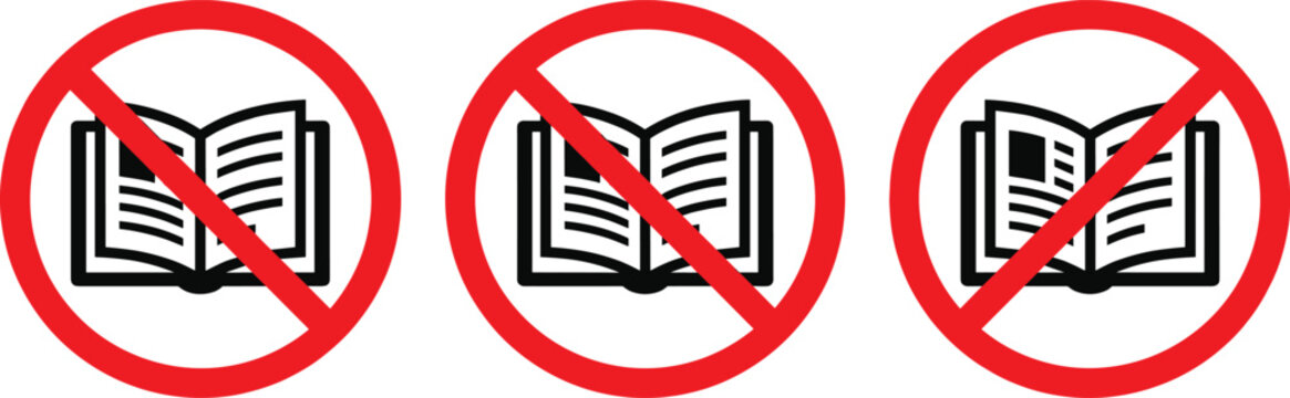 No books reading prohibition icon illustration, restricted education artwork design, forbidden knowledge motif concept symbol graphic, black red professional representation