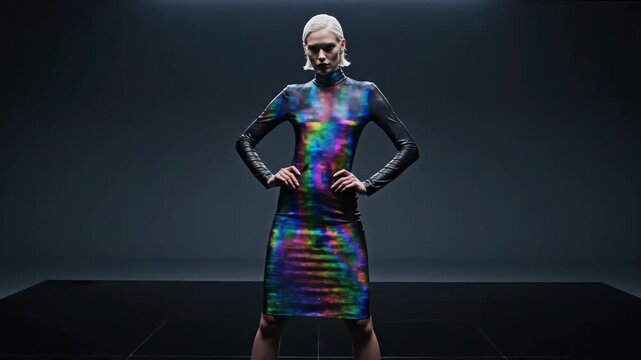 Fashion Model in Black Dress with Colorful Digital Glitch and Pixel Effects