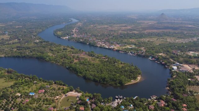 Aerial view of Kampot riverside in lush green landscape
