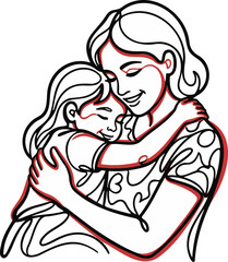 Naklejka premium Minimal Continuous Line Mother Hugging Child with Red Accent Vector