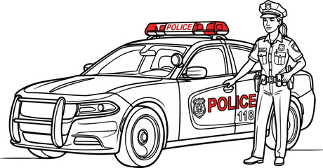 Continuous Line Police Car and Female Officer Bold Red Accent Vector © Shaima