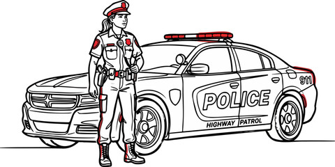 Continuous Line Police Car and Female Officer Bold Red Accent Vector © Shaima