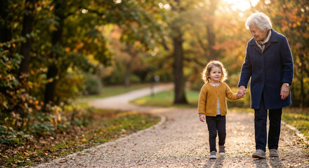 Fototapeta premium Grandparent Walking With Child In Autumn Park