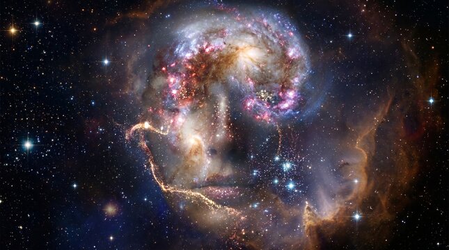 Cosmic representation of a human face in a vibrant galaxy with stars and nebulae.
