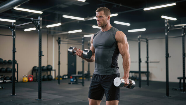 professional gym photography of a muscular man performing bicep curls with chrome dumbbells, athletic fitness scene in a modern training facility with cinematic lighting and high-tech equipment