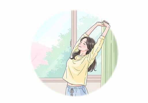 Illustration of a young woman stretching by the window in morning sunlight for headache relief and relaxation.