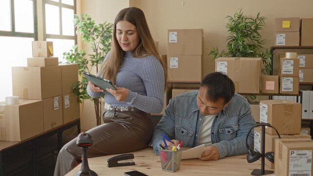 Woman holds tablet and points to its screen while man looks and writes beside stacked cardboard boxes, scanner and packing supplies in building; teamwork collaboration.