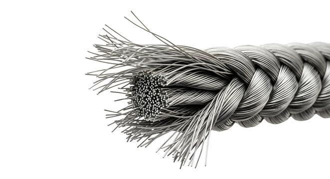 Close-up of a frayed industrial cable with braided wires on a transparent background