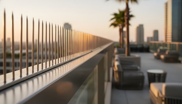 Metal bird spikes on a balcony railing at sunset overlooking a city skyline for urban pest control concept with luxury rooftop furniture and cinematic golden hour lighting