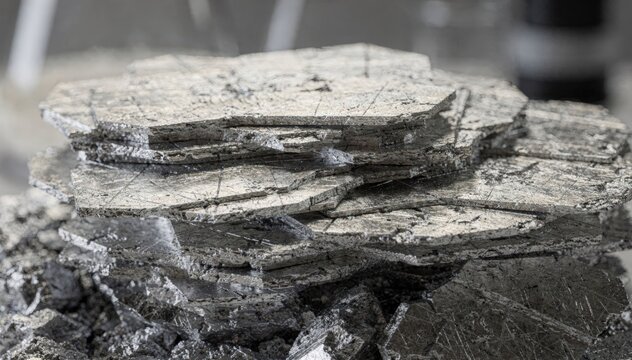 Closeup of tabular microcrystals showing layered platelike silver halide grains with intricate surface textures in scientific laboratory conditions.
