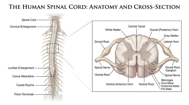 The human spinal cord shown along its length with enlargements and cauda equina plus magnified transverse cross‑section labeling gray horns, white funiculi, dorsal and ventral roots, spinal nerves, me