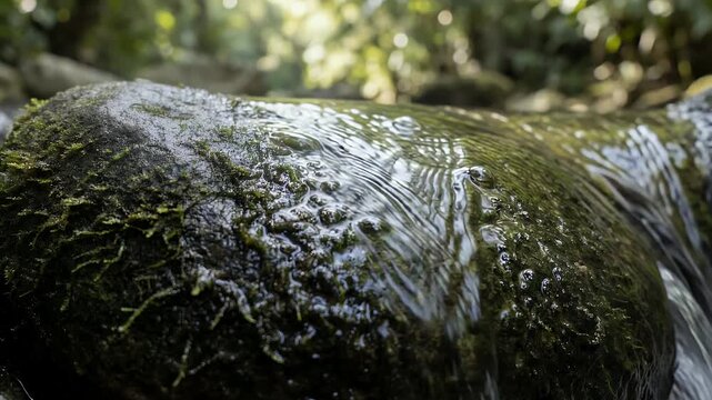 Crystal Clear Fresh Water Flowing Over Green Mossy Rock in Forest Stream Symbolizing Purity and Natural Serenity