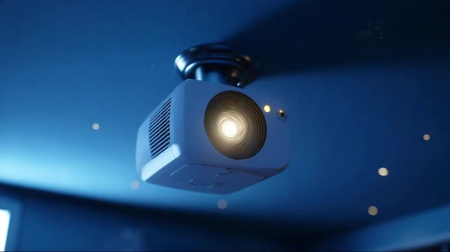 Ceiling-mounted projector emitting light in a dimly lit room  