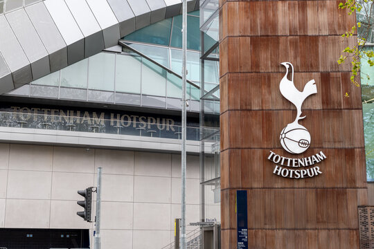 London. UK- April 17.2026.The Tottenham Hotspur Football Club crest and name sign on the facade of its stadium.