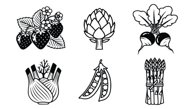Fresh vegetable and fruit illustrations including strawberries, artichoke, turnips, garlic, peas, and asparagus