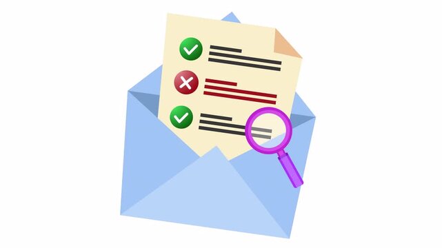 Check mark on digital marketing checklist with open envelope cartoon animation in the alpha channel. Flat design delivery document with a new read message icon. Data task validation symbol.