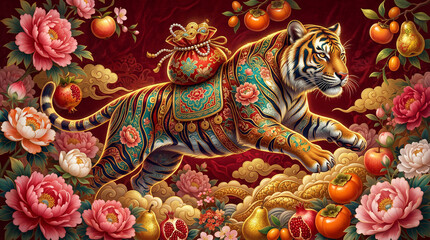 Fototapeta premium Rich festive illustration of a decorated tiger bringing fortune and joy, featuring traditional Chinese art styles and spring elements