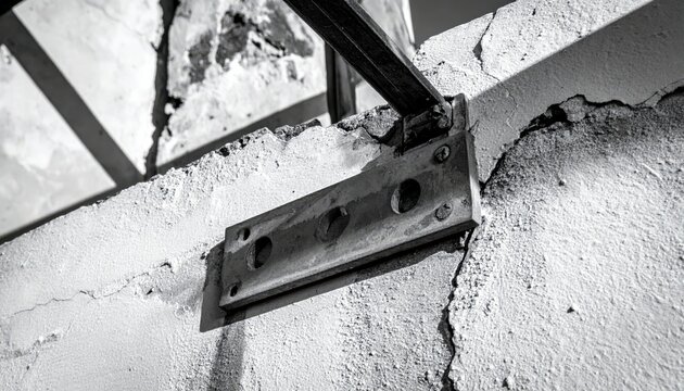 Bent metal bracket attached to a cracked concrete wall section with visible screw holes