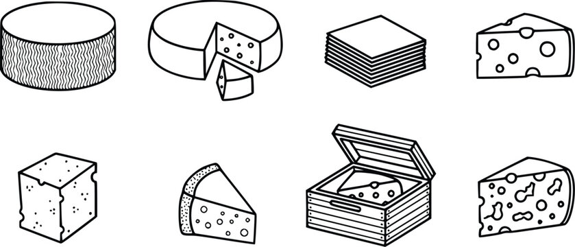 Various types of cheese and cheese products in different forms and packaging