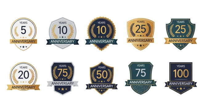 Collection of Anniversary Badges and Seals with Numbers.