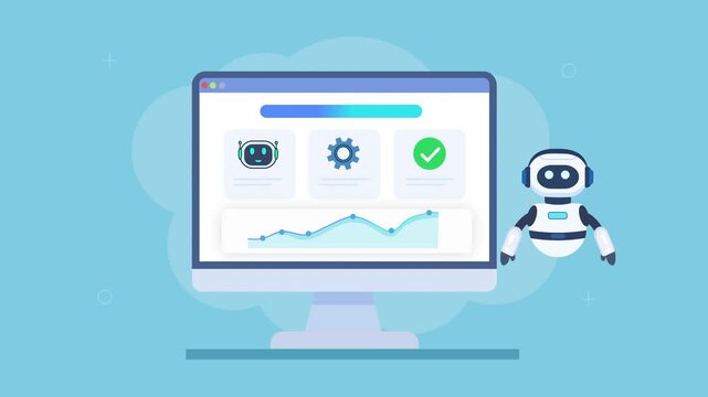 Friendly robot assistant interacting with automated dashboard featuring AI vision, image recognition, analytics charts, and progress indicators in smooth animation, representing smart data processing 
