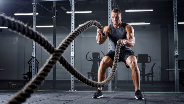 athletic man training with battle ropes in gym, muscular fitness model performing rope undulations, high intensity interval training workout in modern health club