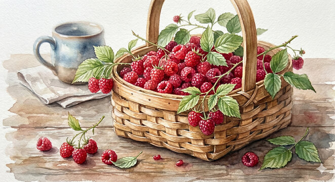Watercolor Illustration of Fresh Raspberries in a Wicker Basket on a Wooden Table.
나무 테이블 위 바구니에 담긴 싱싱한 산딸기 수채화 일러스트