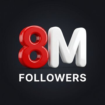 A glossy three dimensional rendering displays the number 8m in red and white accompanied by the text followers below high quality professional