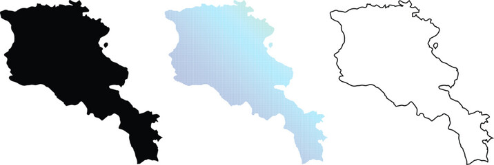 Fototapeta premium Set of Armenia map designs featuring a solid black silhouette, a blue gradient digital square pattern, and a clean black line outline on a white background.