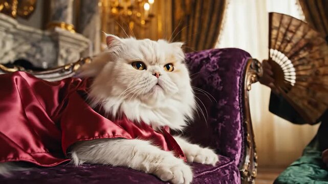 Persian Cat in Silk Robe Sitting on Velvet Chaise Being Fanned by Servant in Opulent Setting