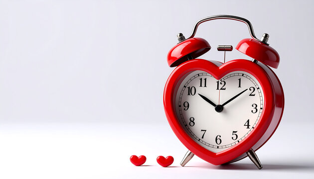 A heart-shaped alarm clock with two small hearts on a plain surface shows love and time.