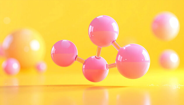ピンクの美容成分分子を表現した3Dビジュアル、透明感とハリをイメージした先端スキンケア研究背景 Pink cosmetic molecule 3D visual, advanced skincare research background expressing clarity and firmness