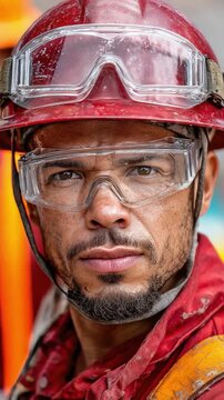 Portrait of Courage: A firefighter, resilient and determined, gazes into the distance with eyes that speak of bravery, wearing essential protective gear amidst the chaos of duty.
