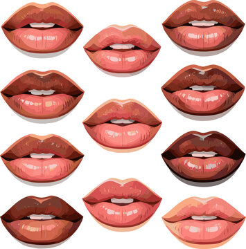 Create a realistic kinds of deferent Plump lips vector art with white background..