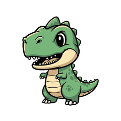 Fototapeta premium Cute green chibi dinosaur mascot illustration of a baby Tyrannosaurus Rex with large eyes, spiky back, and friendly open-mouth expression, isolated on a white background.