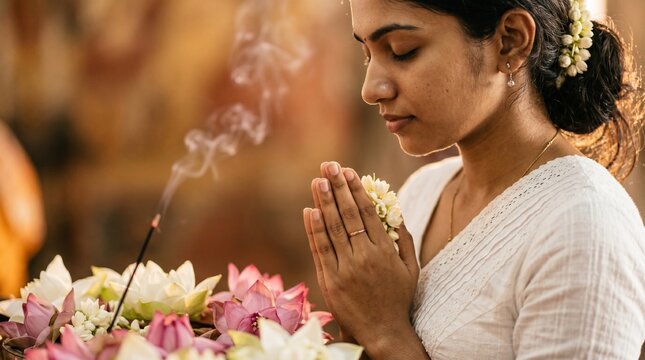 Serene Sri Lankan Buddhist Prayer Scene with Woman and Buddha Statue in Temple