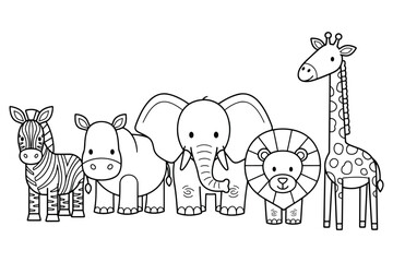 A cute collection of safari animals featuring a zebra rhino elephant lion and a tall giraffe in vector line art © AhmudJaber