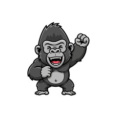 Fototapeta premium Vector illustration of a cute chibi gorilla mascot character standing with one fist raised in victory, laughing with an open mouth, isolated on a white background, grey and black.