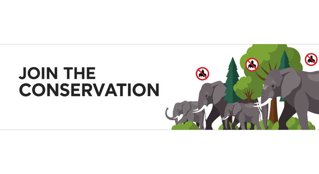 A herd of elephants walking through the forest in a conservation awareness banner.
