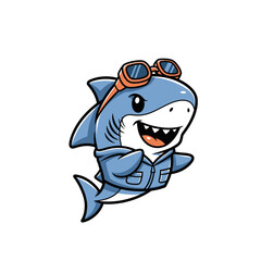 Fototapeta premium Cute Chibi Shark Mascot Character Wearing a Blue Vest and Pilot Goggles, Smiling Cartoon Great White Shark Illustration Isolated on White Background for Branding and Design
