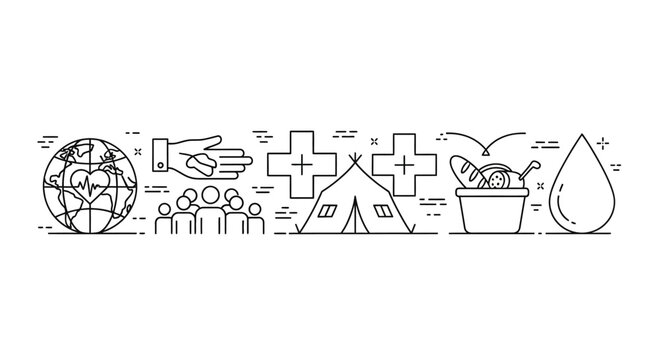 Humanitarian aid and disaster relief icons illustration in thin line style.