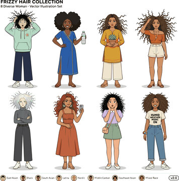 Create a realistic kinds of deferent Women whose hair gets frizzy in humid weather vector art with white background..