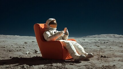 Fototapeta premium Astronaut in a spacesuit sitting on a modern orange armchair, scrolling on a smartphone while relaxing on the rocky lunar landscape under a dark starry sky