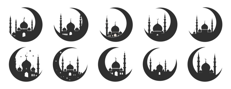 Set of mosque silhouettes on crescent moon icons eid festival silhouette elements