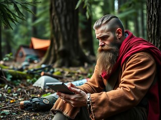 Fototapeta premium Bearded warrior deep in thought with tablet, temporary forest base secured by comrade, woodland, soldier